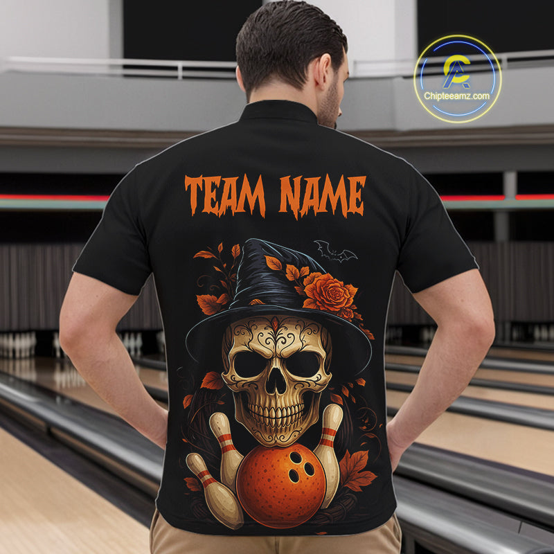 Black and Orange Skull Bowling Polo, Quarter Zip Shirts For Men Custom Halloween Bowling Team Jerseys NQS10818