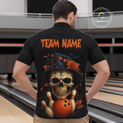 Black and Orange Skull Bowling Polo, Quarter Zip Shirts For Men Custom Halloween Bowling Team Jerseys NQS10818