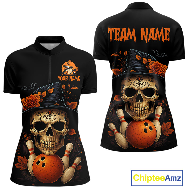 Black and Orange Skull Bowling Polo, Quarter Zip Shirt For Women Custom Halloween Bowling Team Jersey NQS10818