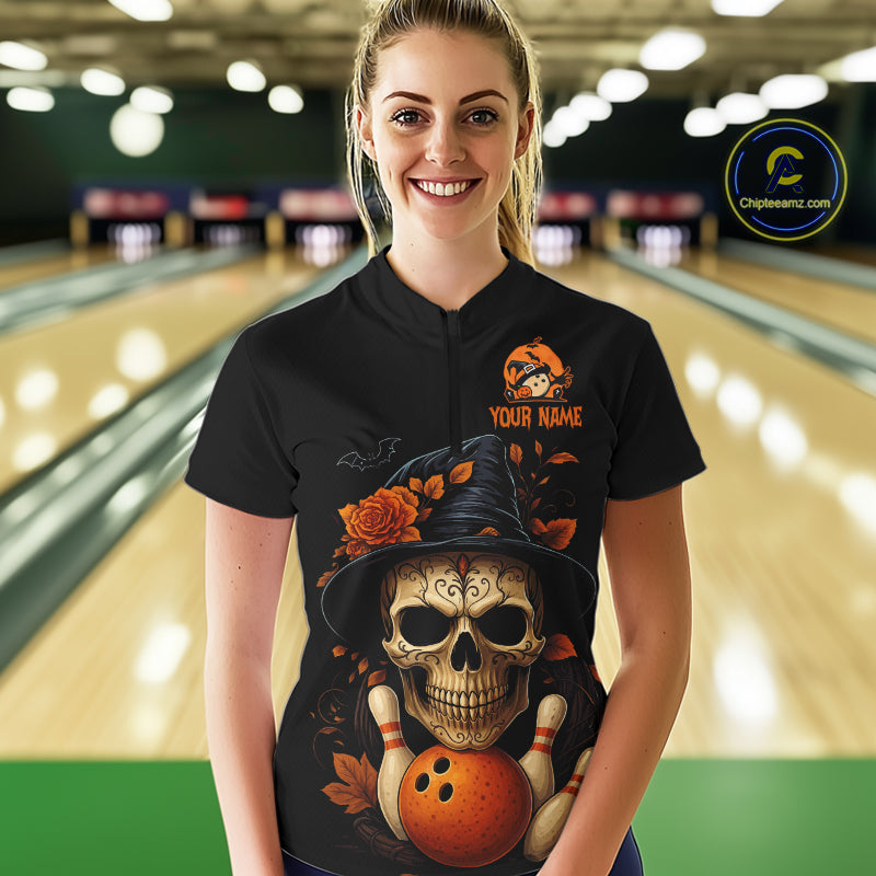 Black and Orange Skull Bowling Polo, Quarter Zip Shirt For Women Custom Halloween Bowling Team Jersey NQS10818
