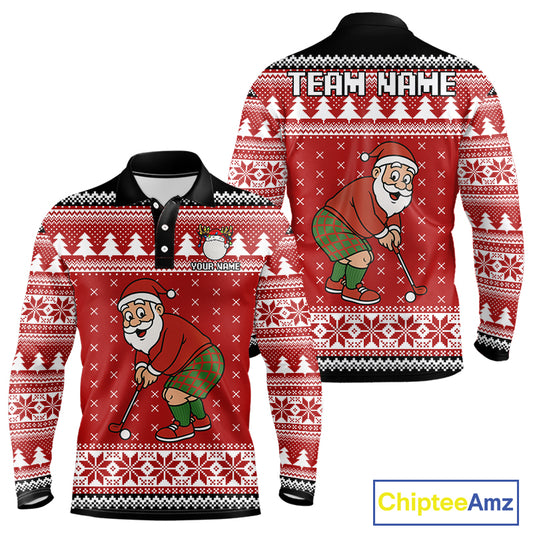 Funny Santa Golf Polo shirts For men Red ugly Christmas pattern Custom mens Christmas golf shirts NQS11000