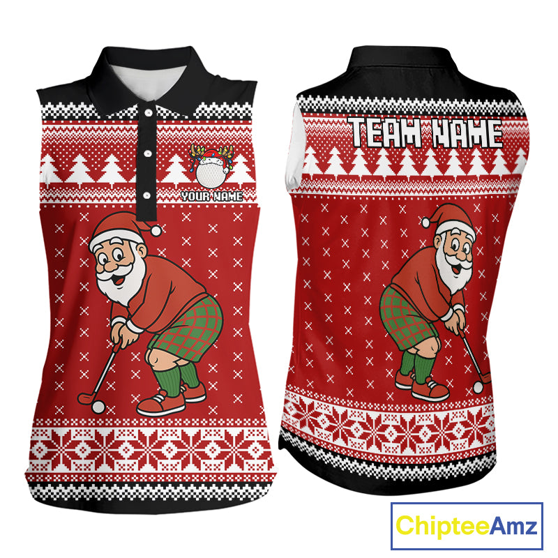Funny Santa Sleeveless Golf Polo shirt Red ugly Christmas pattern Custom ladies Christmas golf shirts NQS11000