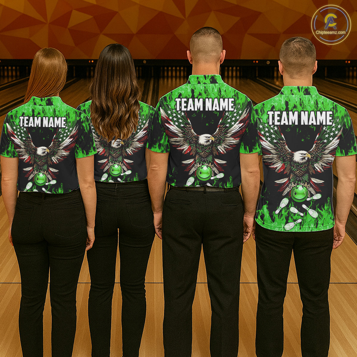 Green flame Womens bowling shirts Custom American flag Eagle Team bowling shirts, gift for bowlers NQS11188