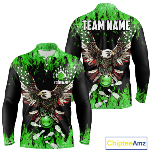 Green flame Mens bowling shirts Custom American flag Eagle Team bowling shirts, gift for bowlers NQS11188