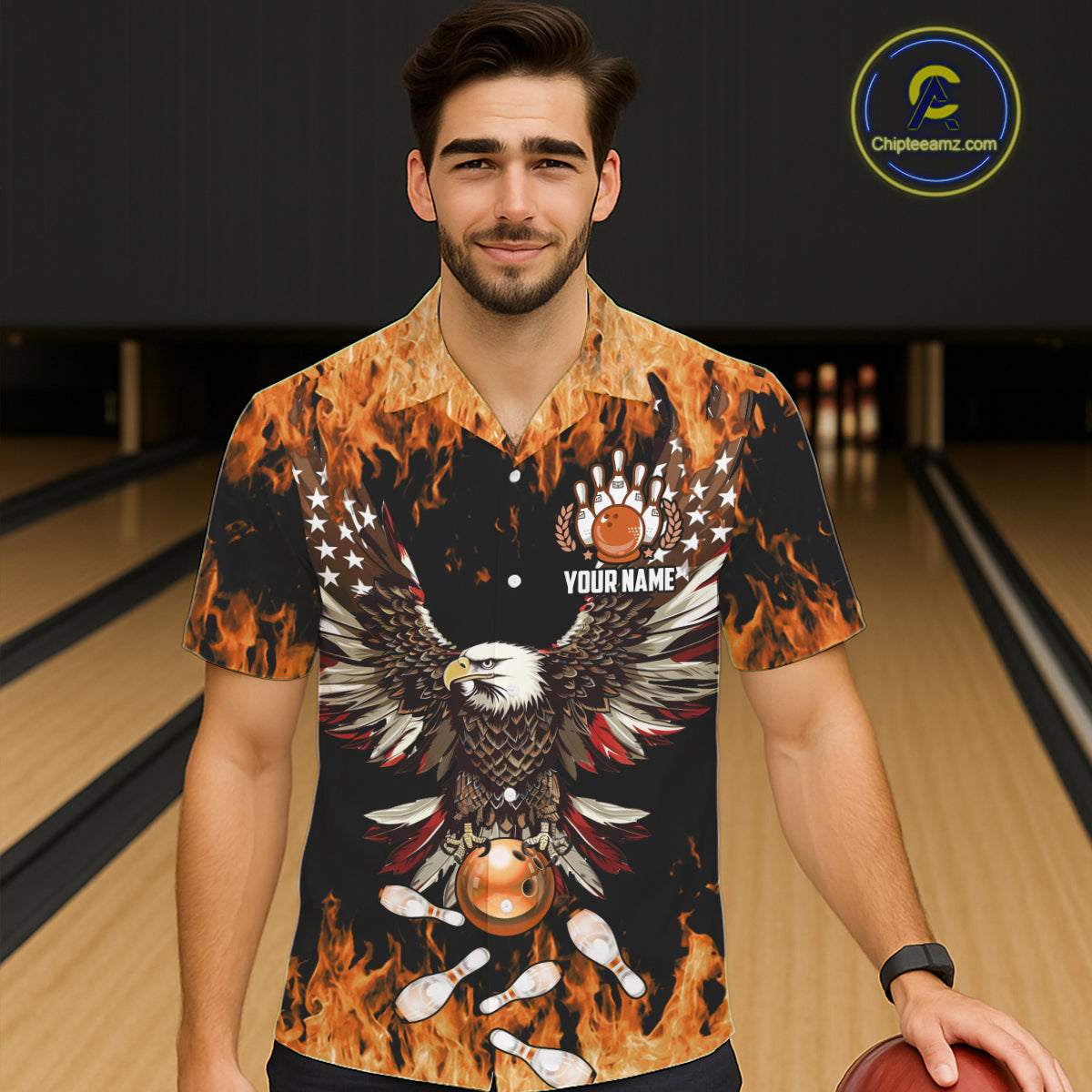 Orange flame Hawaiian bowling shirts Custom American flag Eagle Team bowling shirts, gift for bowlers NQS11189
