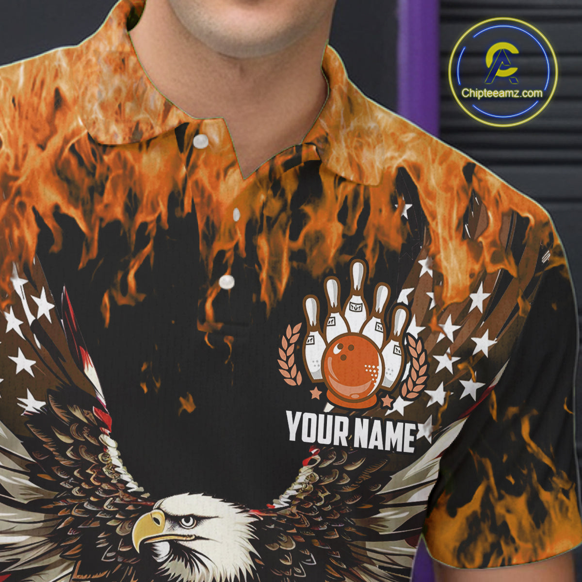 Orange flame Mens bowling shirts Custom American flag Eagle Team bowling shirts, gift for bowlers NQS11189