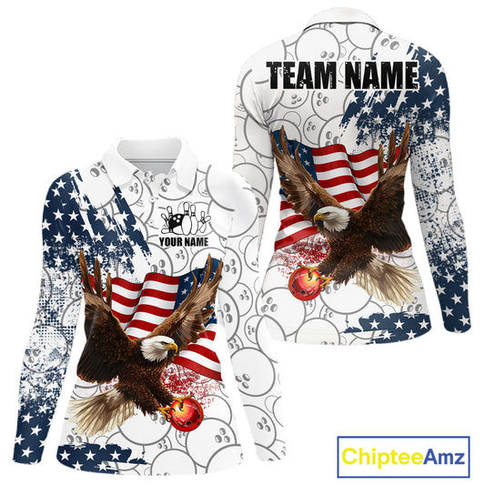 Red, White, Blue American Flag Eagle Women Bowling Shirts Custom Patriotic Camo Bowling Team Jersey NQS11192