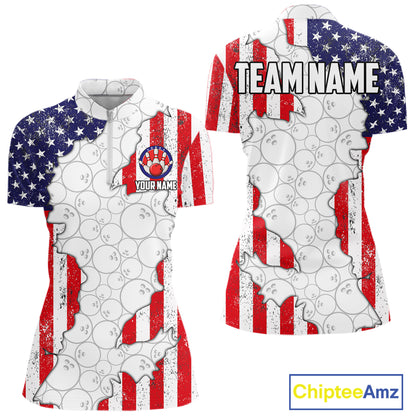Personalized Red, White and Blue American Flag Bowling Team Shirts For Women, Patriotic Bowling Gifts NQS11197