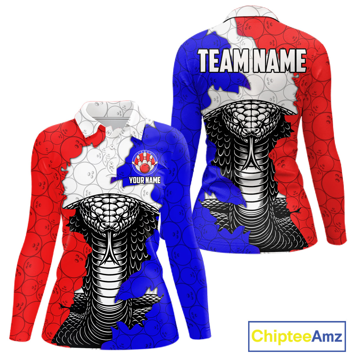 Personalized Red, White and Blue Cobra Snake Bowling Team Shirts For Women, Patriotic Bowling Jerseys NQS11198