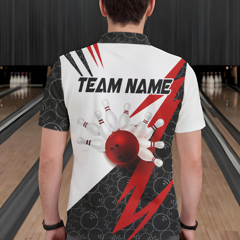 Black and White Bowling Polo, Quarter Zip Shirt for Men Custom Lightning Team bowling jerseys | Red NQS9324