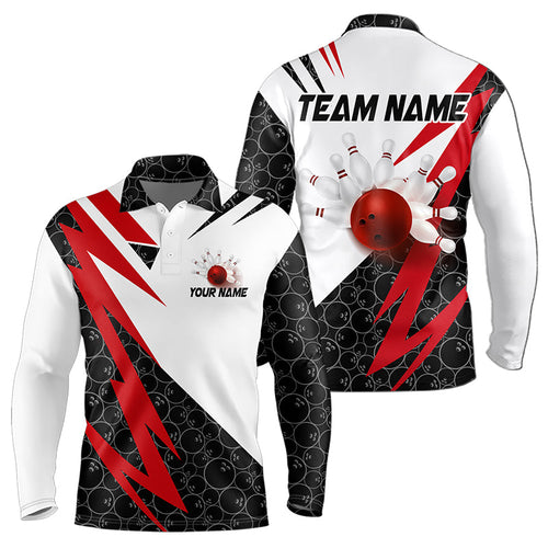 Black and White Bowling Polo, Quarter Zip Shirt for Men Custom Lightning Team bowling jerseys | Red NQS9324