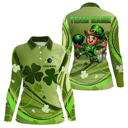 Green shamrock Lucky Women Bowling Polo, Quarter Zip Shirts Custom St Patrick Day Team bowling Shirts NQS9328