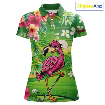 Personalized Green tropical flower flamingo golf polo shirt for Women custom team golf shirts NQS11399