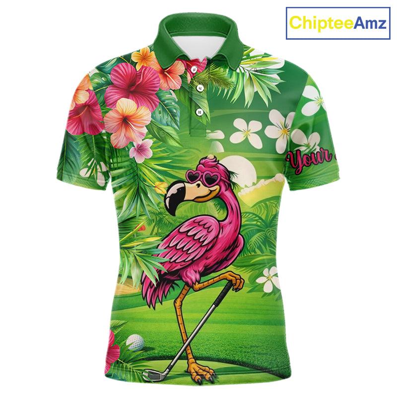 Personalized Green tropical flower flamingo matching men and womens golf shirts, team golf clothes NQS11399