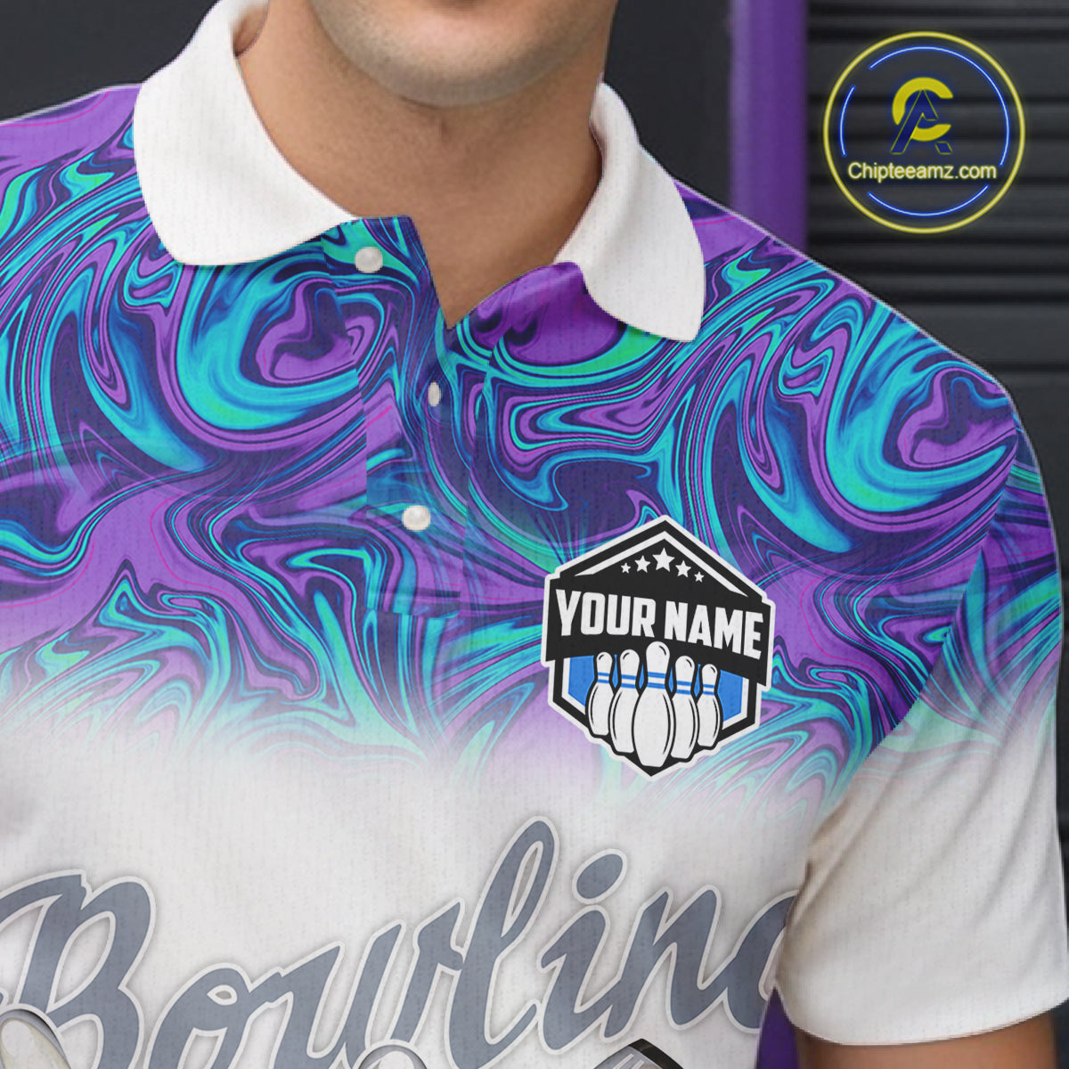 Mens Bowling polo shirts Custom blue purple marble pattern bowling Team Jerseys, gift for bowlers NQS7141