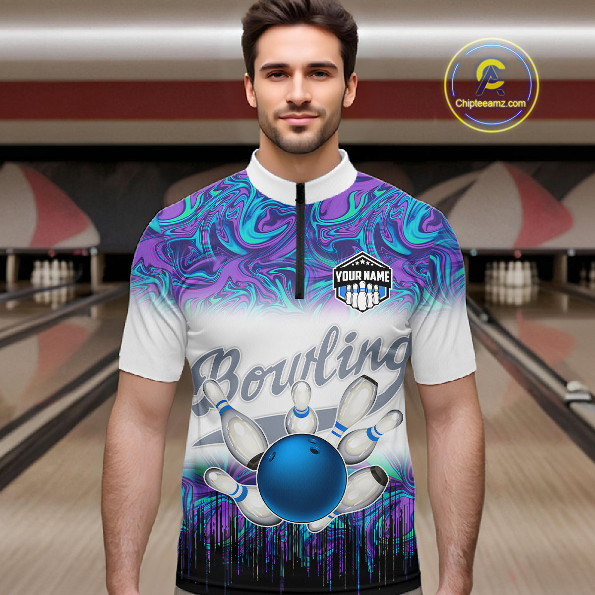 Men bowling Quarter Zip shirt Custom blue purple marble pattern bowling Team Jerseys, gift for bowlers NQS7141