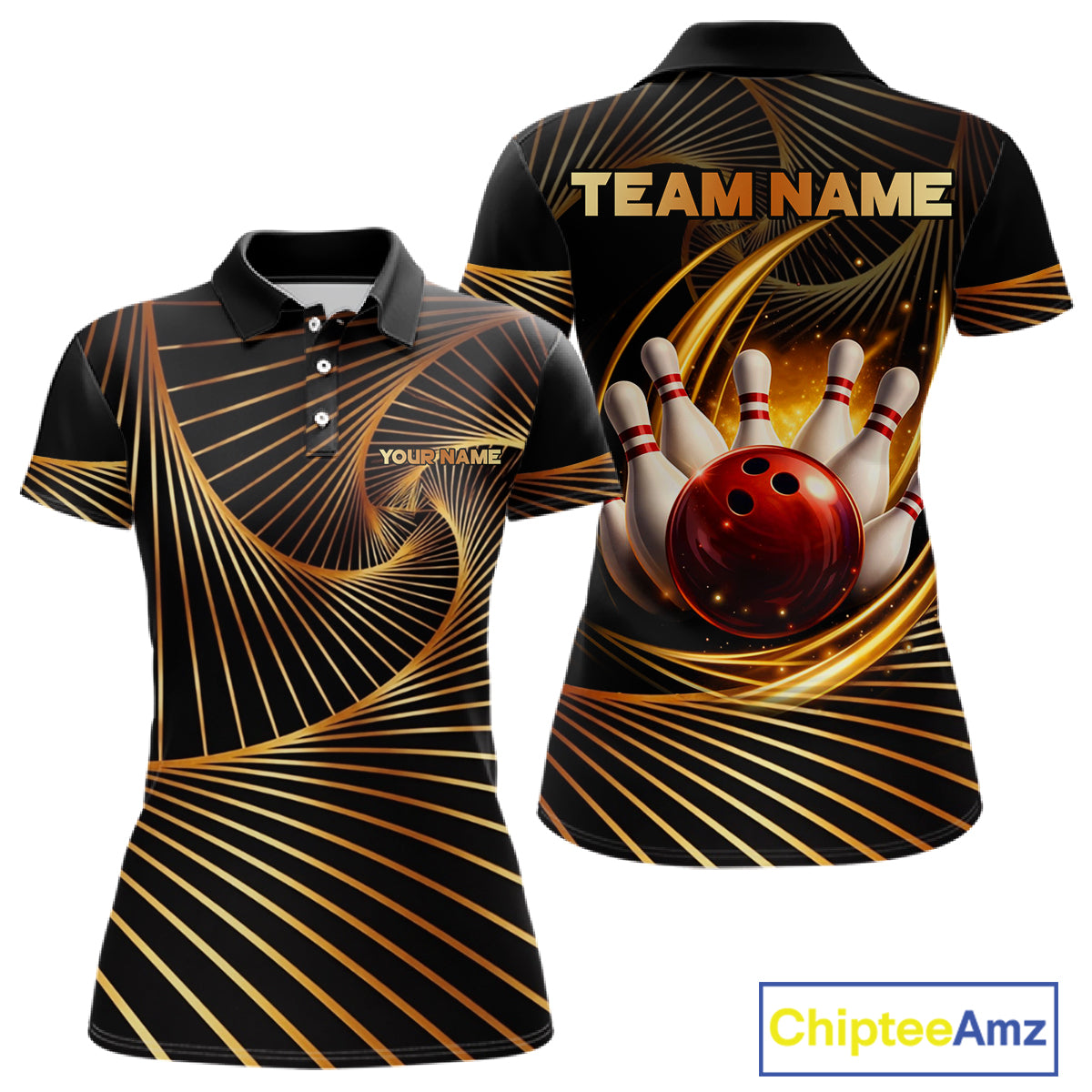 Custom Black and Gold Bowling Polo, Quarter Zip Shirts for Women, Team Bowling League Jerseys NQS11599