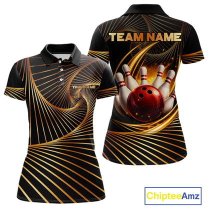 Custom Black and Gold Bowling Polo, Quarter Zip Shirts for Women, Team Bowling League Jerseys NQS11599