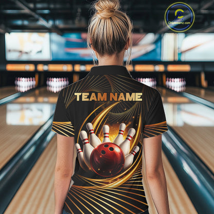 Custom Black and Gold Bowling Polo, Quarter Zip Shirts for Women, Team Bowling League Jerseys NQS11599