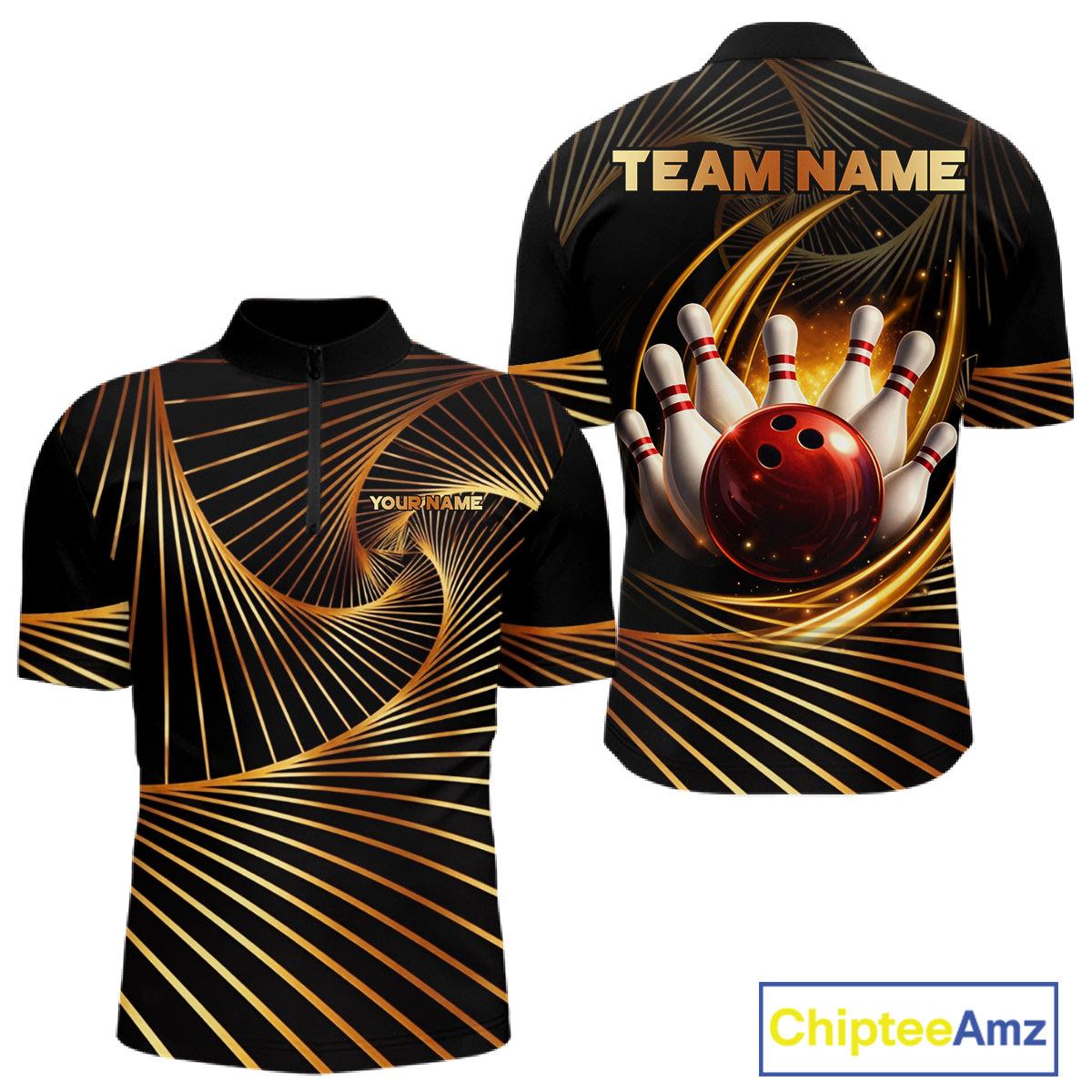 Custom Black and Gold Bowling Polo, Quarter Zip Shirts for Men, Team Bowling League Jerseys NQS11599