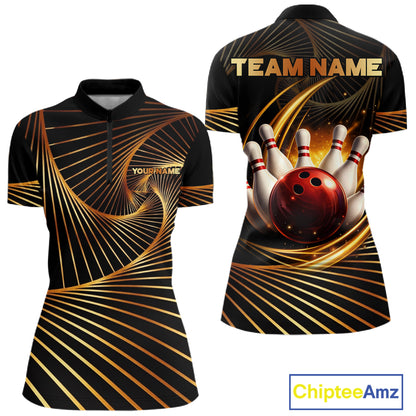 Custom Black and Gold Bowling Polo, Quarter Zip Shirts for Women, Team Bowling League Jerseys NQS11599