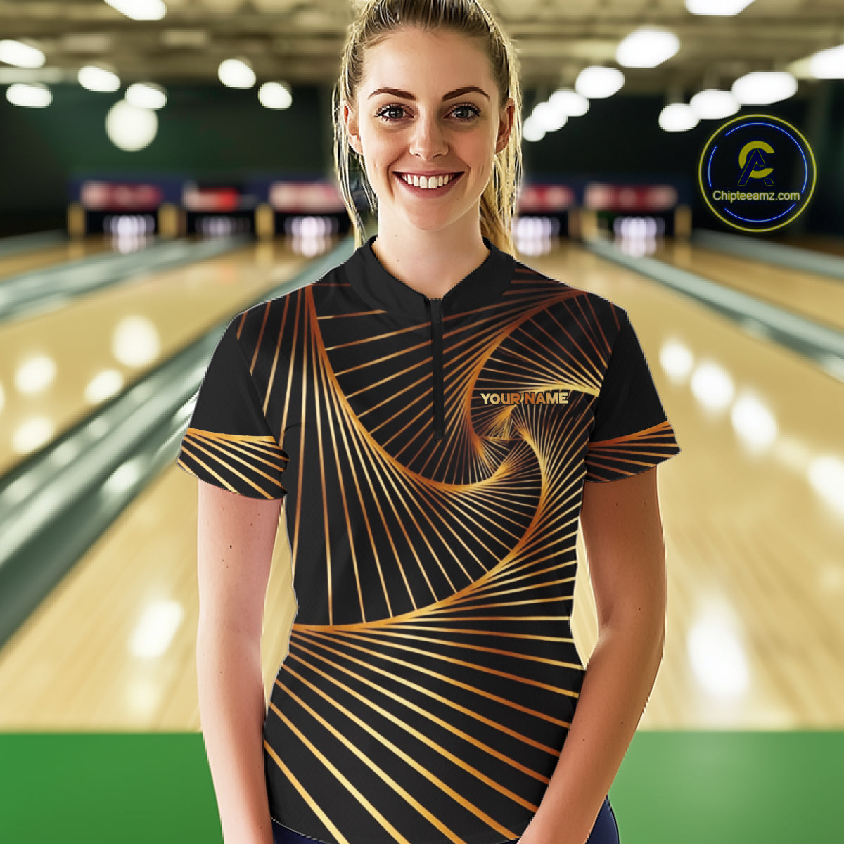 Custom Black and Gold Bowling Polo, Quarter Zip Shirts for Women, Team Bowling League Jerseys NQS11599