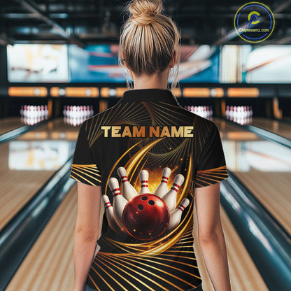 Custom Black and Gold Bowling Polo, Quarter Zip Shirts for Women, Team Bowling League Jerseys NQS11599