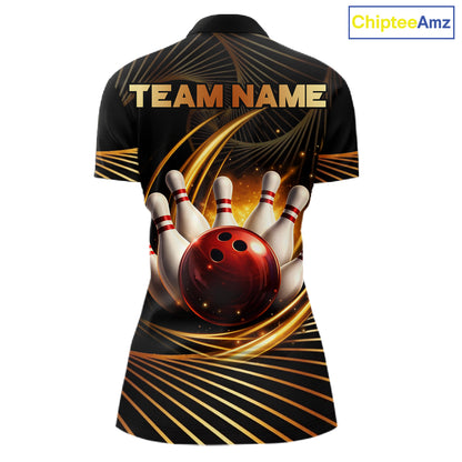 Custom Black and Gold Bowling Polo, Quarter Zip Shirts for Women, Team Bowling League Jerseys NQS11599