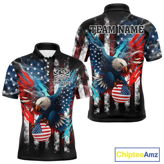 Personalized American Flag Eagle Lightning Thunder Golf Polo Shirts For Men, Patriotic Golfing Gifts NQS11717