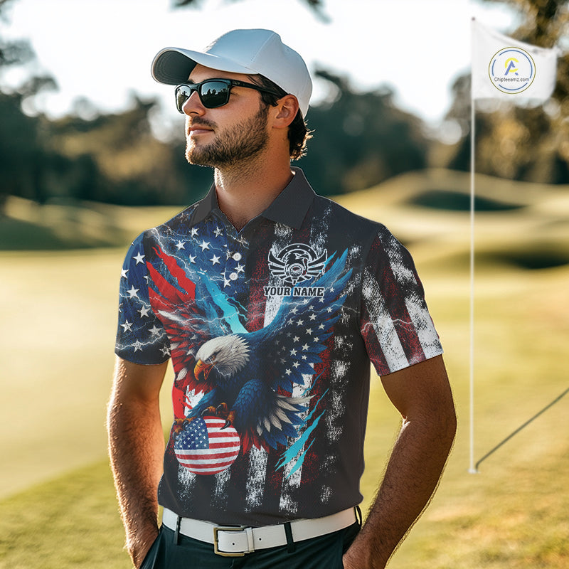 Personalized American Flag Eagle Lightning Thunder Golf Polo Shirts For Men, Patriotic Golfing Gifts NQS11717