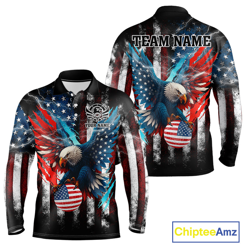 Personalized American Flag Eagle Lightning Thunder Golf Polo Shirts For Men, Patriotic Golfing Gifts NQS11717