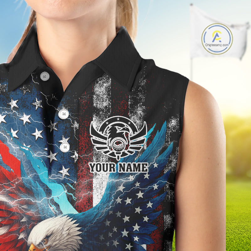 Personalized American Flag Eagle Lightning Thunder Sleeveless Golf Polo Shirt, Patriotic Golfing Gift NQS11717