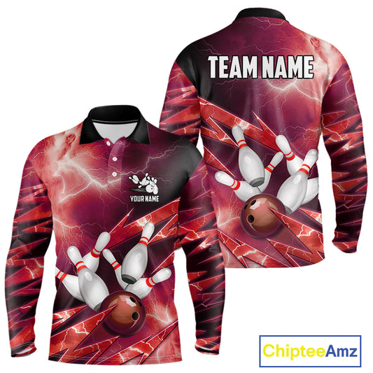 Red Storm Lightning Thunder Bowling Polo, Quarter Zip Shirt For Men Custom Bowling Team Jersey NQS11718