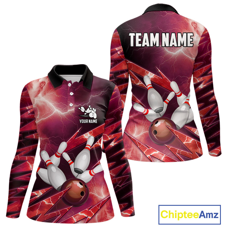 Red Storm Lightning Thunder Bowling Polo, Quarter Zip Shirt For Women Custom Bowling Team Jersey NQS11718