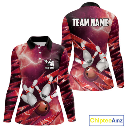 Red Storm Lightning Thunder Bowling Polo, Quarter Zip Shirt For Women Custom Bowling Team Jersey NQS11718