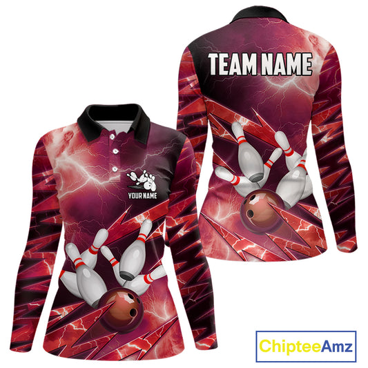 Red Storm Lightning Thunder Bowling Polo, Quarter Zip Shirt For Women Custom Bowling Team Jersey NQS11718