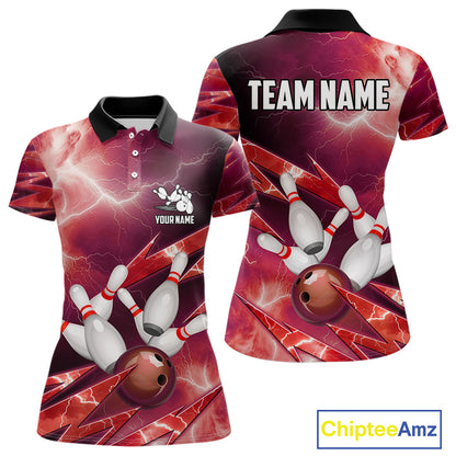 Red Storm Lightning Thunder Bowling Polo, Quarter Zip Shirt For Women Custom Bowling Team Jersey NQS11718