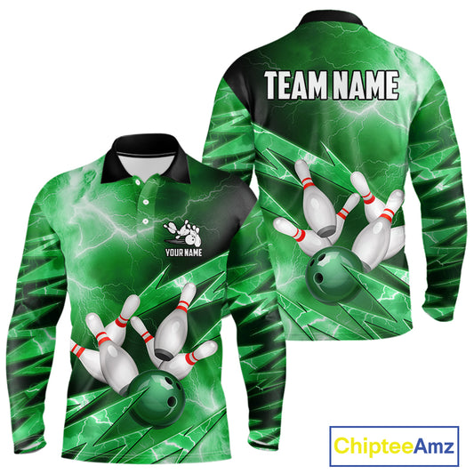 Green Storm Lightning Thunder Bowling Polo, Quarter Zip Shirt For Men Custom Bowling Team Jersey NQS11719