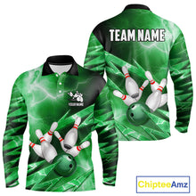 Load image into Gallery viewer, Green Storm Lightning Thunder Bowling Polo, Quarter Zip Shirt For Men Custom Bowling Team Jersey NQS11719