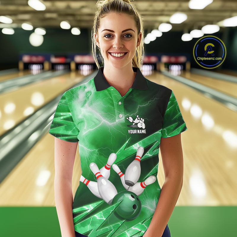 Green Storm Lightning Thunder Bowling Polo, Quarter Zip Shirt For Women Custom Bowling Team Jersey NQS11719