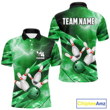 Load image into Gallery viewer, Green Storm Lightning Thunder Bowling Polo, Quarter Zip Shirt For Men Custom Bowling Team Jersey NQS11719