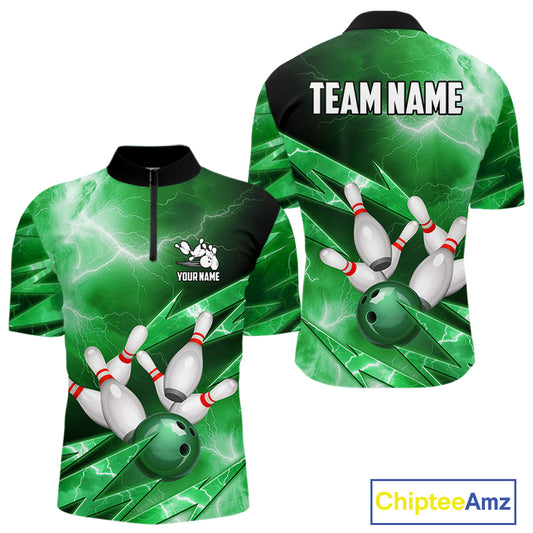 Green Storm Lightning Thunder Bowling Polo, Quarter Zip Shirt For Men Custom Bowling Team Jersey NQS11719