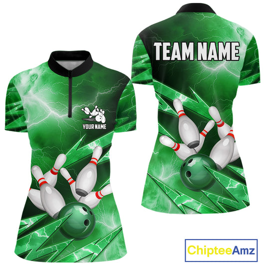 Green Storm Lightning Thunder Bowling Polo, Quarter Zip Shirt For Women Custom Bowling Team Jersey NQS11719