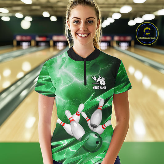 Green Storm Lightning Thunder Bowling Polo, Quarter Zip Shirt For Women Custom Bowling Team Jersey NQS11719