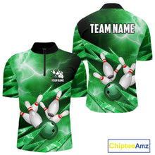 Load image into Gallery viewer, Green Storm Lightning Thunder Bowling Polo, Quarter Zip Shirt For Men Custom Bowling Team Jersey NQS11719