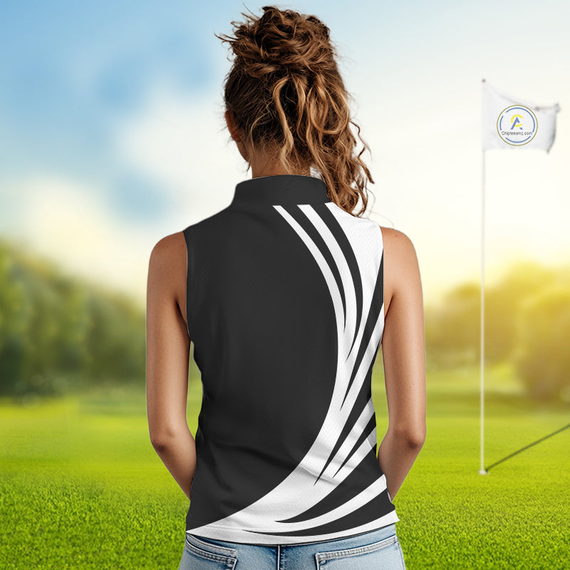 Women sleeveless polo shirt custom name black and white golf shirt, team golf shirts ladies NQS9844