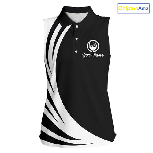 Women sleeveless polo shirt custom name black and white golf shirt, team golf shirts ladies NQS9844
