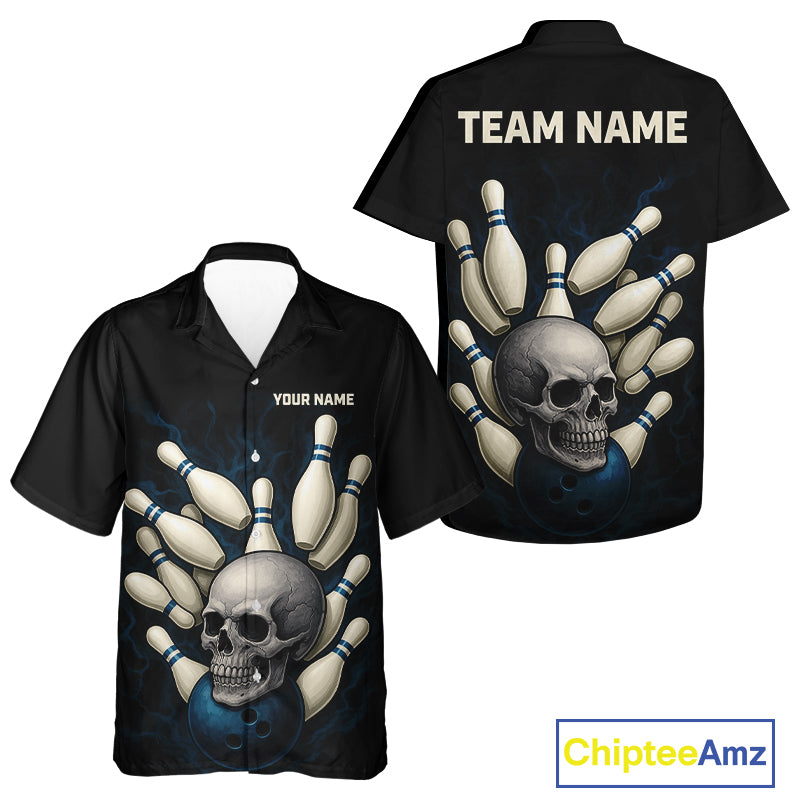 Black and Blue Skull Bowling Ball and Pins Hawaiian bowling shirt Custom skull team bowling jerseys NQS9850