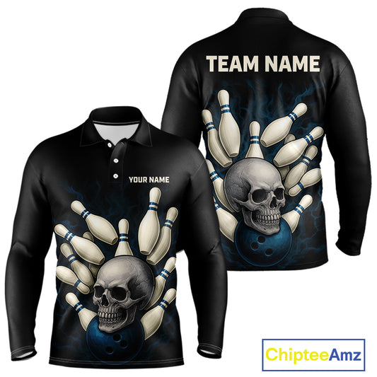 Black and Blue Skull Bowling Ball and Pins Bowling Shirts For Men Custom skull team bowling jerseys NQS9850