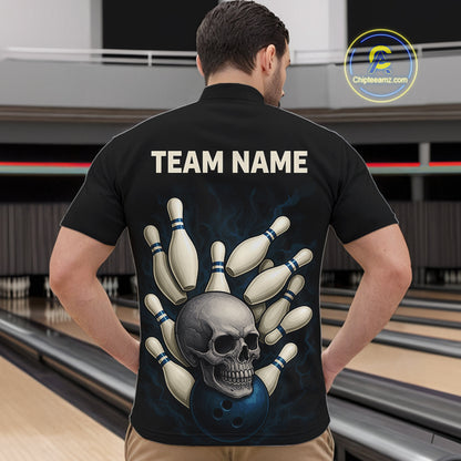 Black and Blue Skull Bowling Ball and Pins Bowling Shirts For Men Custom skull team bowling jerseys NQS9850